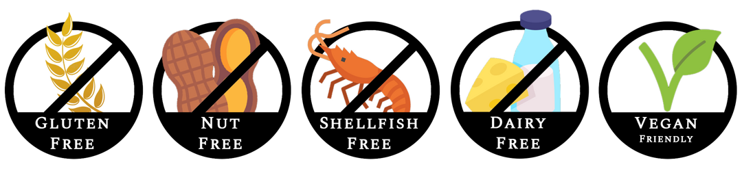 Gluten-free, nut-free, shellfish-free, dairy-free, vegan-friendly